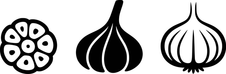 Black and white garlic illustrations bulb cloves