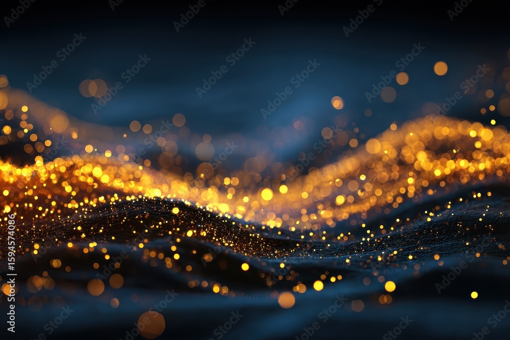 Poster golden bokeh lights on a dark blue wavy surface create a magical effect. ideal for backgrounds, webs