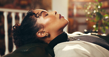Break, breathing and relax with business woman sleeping in office for recovery from fatigue....