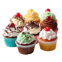 Assorted cupcakes in pastel colors and rich frosting
