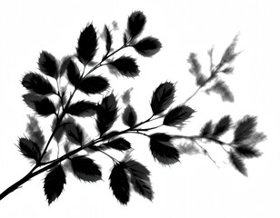 Serene Foliage: A minimalist, high-contrast monochrome photograph of delicate leaves and slender branches. The image captures the graceful silhouette and intricate details of the plant's structure.