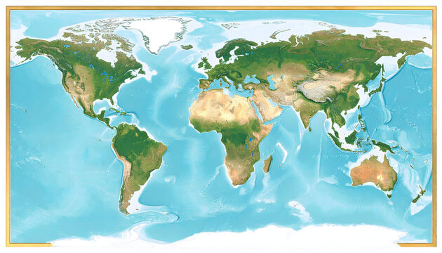 Detailed World Map Depicting Landmasses and Oceans with Golden Border