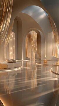 Luxurious and serene futuristic interior with golden curtains and arches