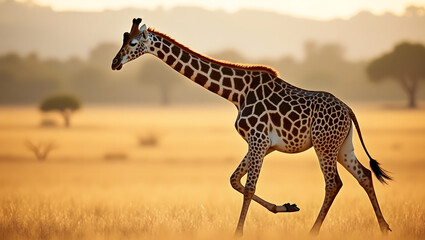 Obraz premium Wild giraffe moving peacefully through the vast African savanna. 