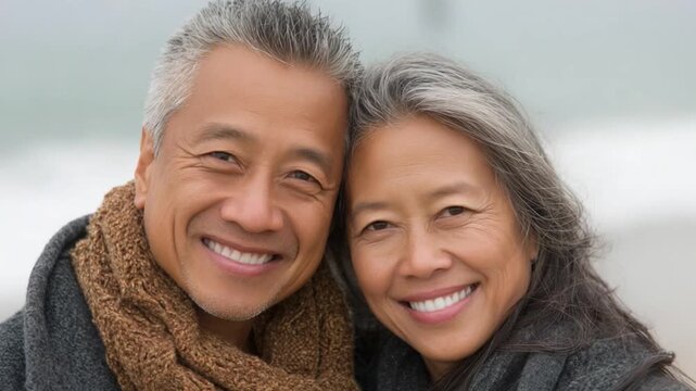 Cherished Smile in Senior Years: A heartwarming close-up of an elderly couple, their faces etched with the beauty of time, radiate love and contentment in a tender embrace.