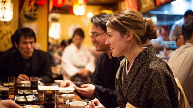 Happy caucasian woman in a kimono dining with a friend in japan