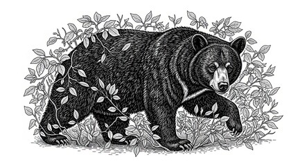 Engraving Style Illustration of a Black Bear Emerging from Foliage