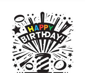Minimalist Birthday Party Popper  Flat Black & White Popper with Confetti Burst