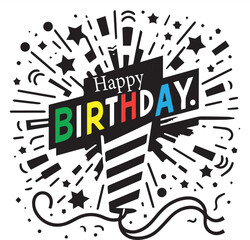 Minimalist Birthday Party Popper  Flat Black & White Popper with Confetti Burst