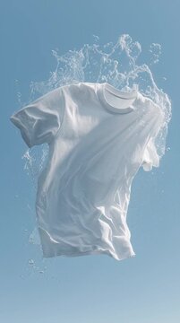 Clean white t-shirt splashing in clear blue water for a laundry concept