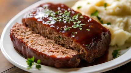 Sliced Meatloaf with Glaze and Mashed Potatoes on a Plate
