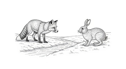 Classic Etched Scene of a Fox and Rabbit Facing Off Near a Stream