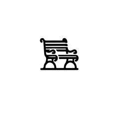 A simple black and white line drawing of an ornate park bench illustration