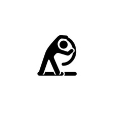 A stick figure bending over with a circle shape above a horizontal line