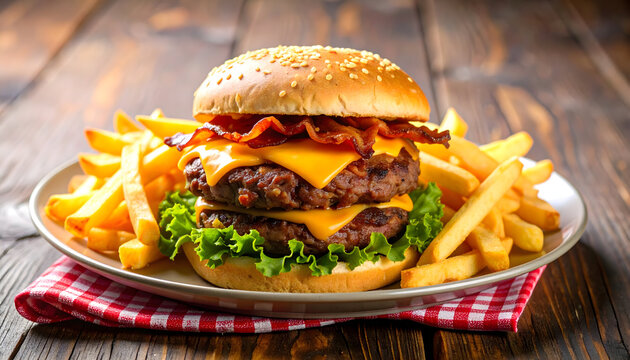 Double cheeseburger with crispy bacon and golden fries on rustic wood table