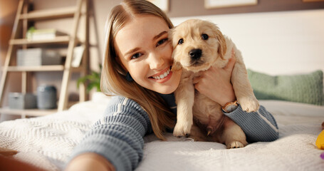Smile, woman and selfie with puppy on bed for adoption memory, profile picture update and security....