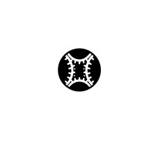 A black circle containing white gears and symmetrical design elements inside