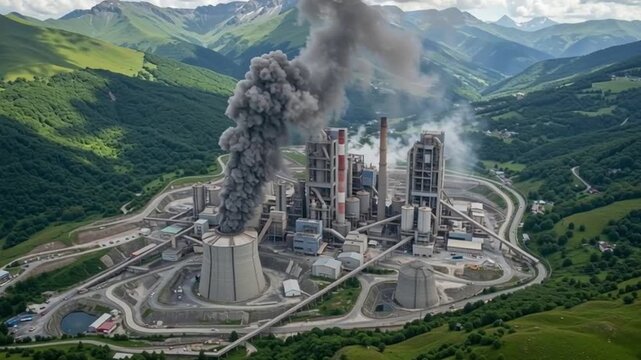 Smoke rises from an industrial facility nestled in the lush green hills, contrast between nature and industrialisation