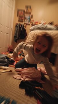 Energetic child playing in a chaotic and messy bedroom