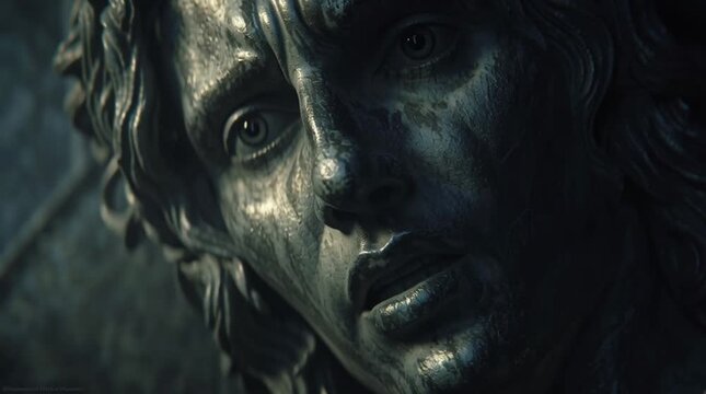 Close up of an ancient statue examining a golden coin