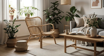 Cozy living room with wicker chair, plants, and natural light.