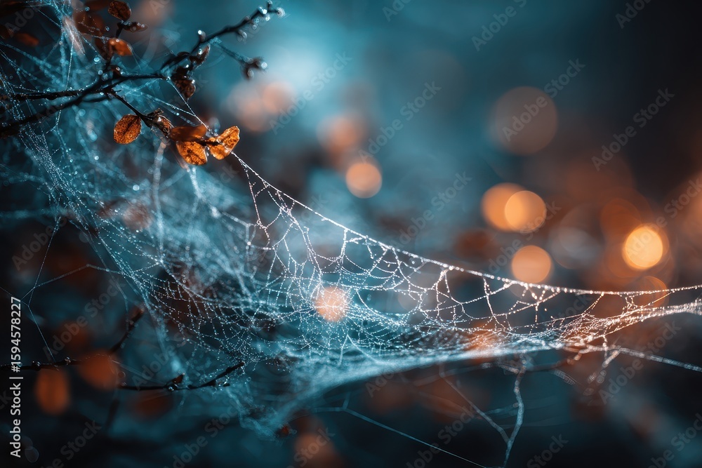 Poster dew-covered spiderweb with autumn foliage on a branch against bokeh lights. perfect for representing