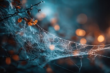 Dew-covered spiderweb with autumn foliage on a branch against bokeh lights. Perfect for representing fragility, nature's beauty, or seasonal themes.