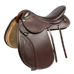 Deep Brown Leather Equestrian Saddle A CloseUp View on transparent background