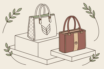 Ethical handbags displayed on a neutral pastel surface with clean minimalist decor