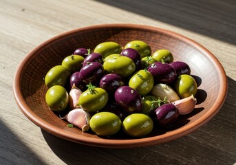 Assorted Green and Purple Olives with Garlic Cloves in a Rustic Bowl on a Wooden Table