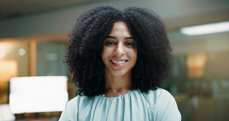 Night, smile and portrait of businesswoman in office for finance career or corporate job. Happy,...
