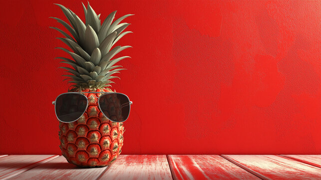Cool Pineapple: A fashionable pineapple, accessorized with sunglasses, posing against a vibrant red backdrop and wooden surface, epitomizes laid-back style.