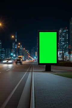 Blank green screen billboard on a city street at night