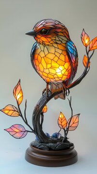 Stained glass lamp in the shape of a colorful, glowing bird