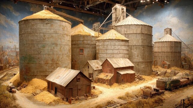 Grain elevators and old wooden buildings form a vintage farm scene. Use this for content needing a rural, agriculture, or historical feel.