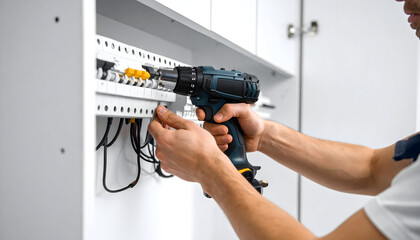 Electrician installing circuit breakers with a cordless drill in a white electrical panel.