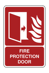 Fire Protection Door Symbol on Red Safety Sign with Explanation – Flame Barrier Exit Icon with Directional Guidance – High Quality Vectorial Stock Image