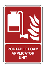 Portable Foam Applicator Unit Symbol on Red Safety Sign with Explanation – Mobile Fire Suppression Icon with Flame Indicator – High Quality Vectorial Stock Image
