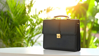 Elegant Black Briefcase on White Table with Greenery and Sunlight Background