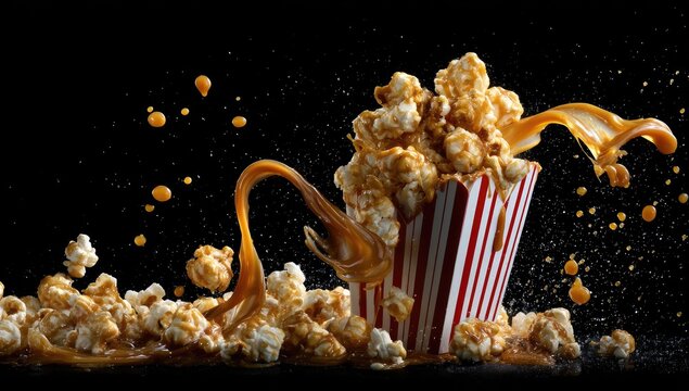 Caramel popcorn spilling from a striped box
