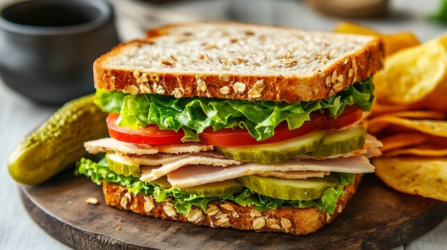 Delicious Turkey Sandwich with Lettuce, Tomato, and Pickles on Whole Grain Bread