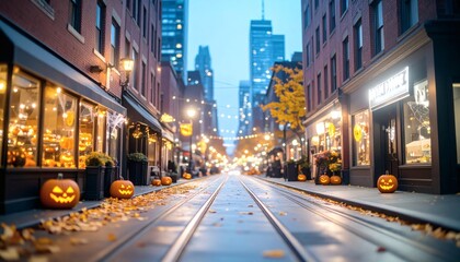 Fototapeta premium Halloween Night Celebration on Toronto Downtown Street with Modern Buildings and Pumpkins - Vibrant City Atmosphere