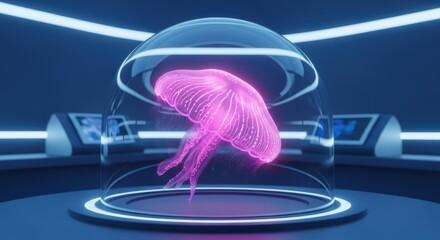 A glowing pink jellyfish in a futuristic containment dome