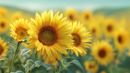 Fototapeta premium Sunflower Field in Bloom: A vibrant expanse of sunflowers, radiating golden hues under a clear blue sky, creates a scene of pure natural beauty and summer's warmth.