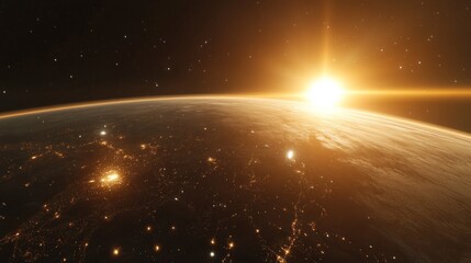 Earth's sunrise from space, lit by a golden sun, showing city lights
