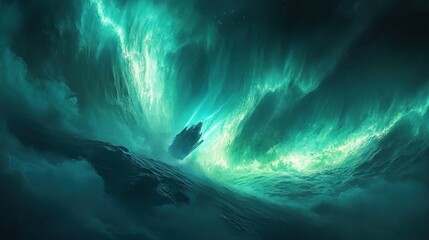 Dark, swirling, teal and lime green alien landscape