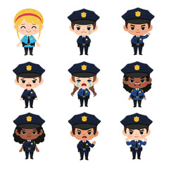 Set of police officer characters with different emotions and expressions in flat cartoon style