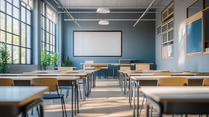 Empty classroom with large windows, a blank projector screen, and light wood tables