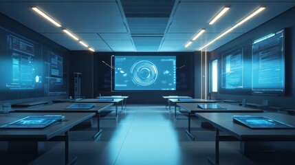 Futuristic classroom with interactive displays (1)
