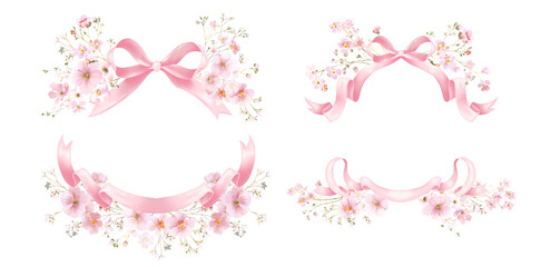 Watercolor Pink Wreaths of Ribbons and Tiny Pink Flowers. PNG floral elements, Soft Wildflower Frames for Wedding, baby showers, birthday party designs, romantic, whimsical, pastel-themed layouts